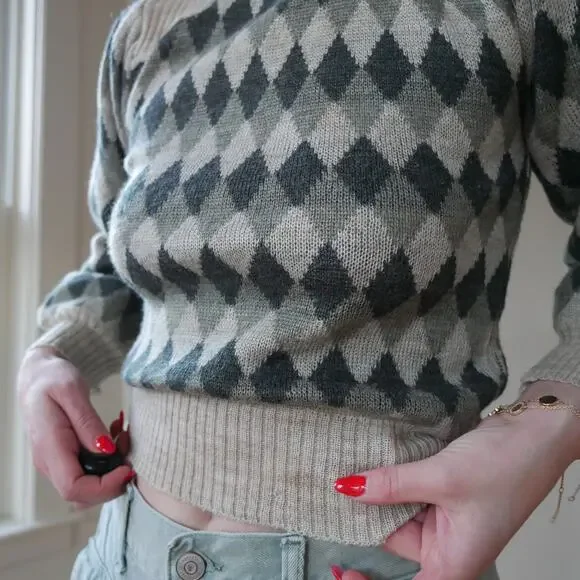 Vintage argyle knit sweater turtleneck puff sleeve womens Small - Picture 4 of 7